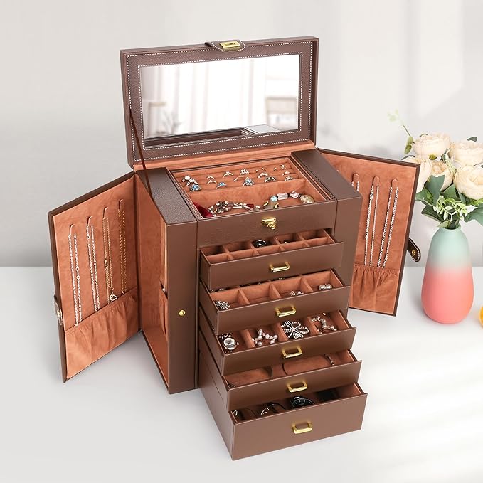 Kendal Extra Large Jewelry Box Jewelry Case PU Leather 6 Tier 5 Drawers Large Storage Capacity with Mirror Jewelry Storage Organizer Great Gift Also Good For Watches LJC-SHD5BN (Brown)