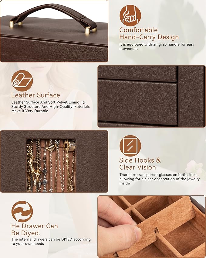 AKOZLIN 360° Rotating Jewelry Box 6-Tier Organizer Functional Jewelry Storage Case for Women Girls Ring Necklace Earring Bracelet Holder with Mirror Brown