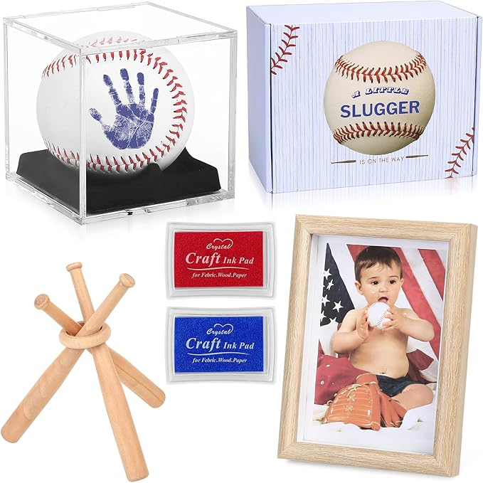 Baby Handprint & Footprint Kit with Photo Frame, Baseball Stand & Display Case – Perfect Newborn Keepsake, Baseball Baby Shower Gifts New Dad First Parent's Father's Day Gift