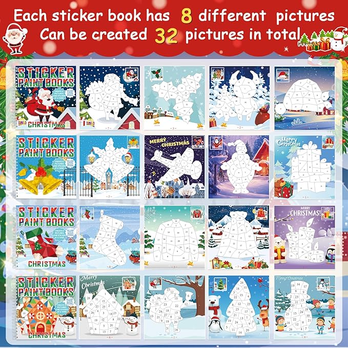 4 Pcs Christmas Paint by Sticker Books for Kids Ages 4-8 Sticker by Number Books Activity Book for Kids Ages 3-5 Sticker Puzzle Book Craft Art Toddlers Gift Snowman Santa Claus Xmas Tree 32 Pictures
