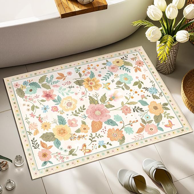 Floral 2x3 Area Rug Machine Washable Soft Print Boho Carpet Non Slip Doormat Low Pile Flower Area Rugs for Living Room Bedroom Nursery Kitchen Dining Room Indoor-Beige/White/Orange