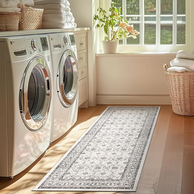jinchan Hallway Runner Rug 2x10 - Machine Washable Beige Vintage Floral Distressed Design Soft Non-Slip Low-Pile Ultra-Thin Runner Rug for Kitchen Laundry Room Bedroom Farmhouse (2‘x10',Beige)