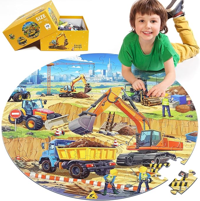 Floor Puzzles for Kids Ages 3 4 5 6 7 8, 70 Piece Construction Site Jigsaw Puzzle with Excavator Bulldozer Forklift Dumper Truck, Building Site Educational Toy Gift for Boys Birthday Christmas