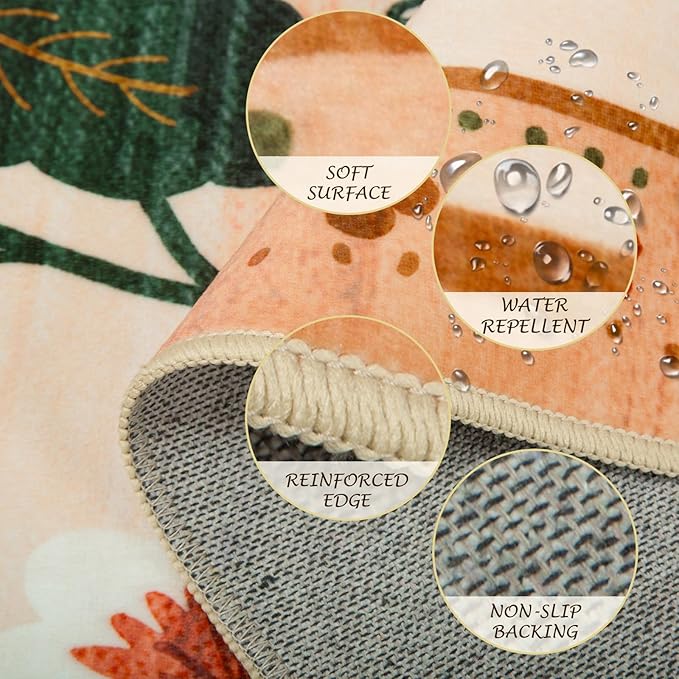 Floral 8x10 Area Rug Machine Washable Soft Print Boho Carpet Non Slip Doormat Low Pile Flower Area Rugs for Living Room Bedroom Nursery Kitchen Dining Room Indoor-Light Orange