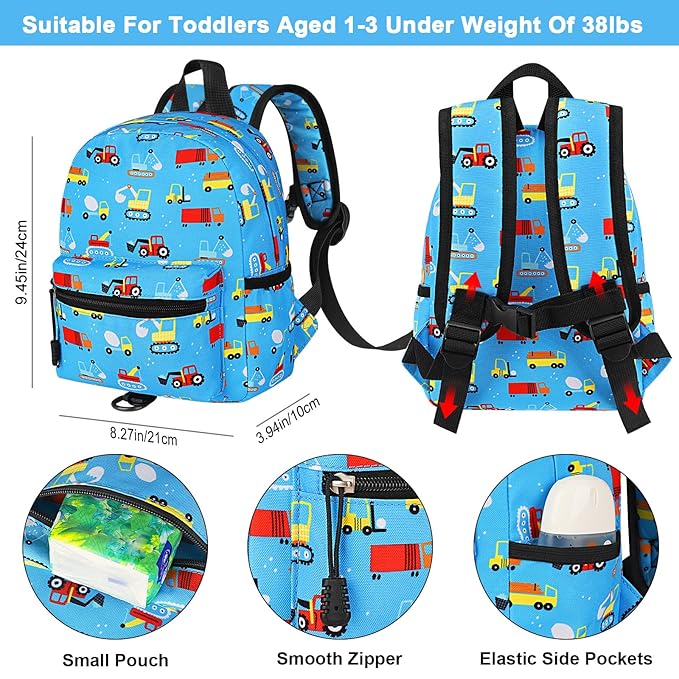 Accmor Toddler Backpack with Leash, Baby Backpacks with Anti Lost Wrist Link, Cute Mini Kids Backpack Leash Walking Harness for Travel, Small Excavator Backpack Tether for Boys Girls 1-3 (Light Blue)