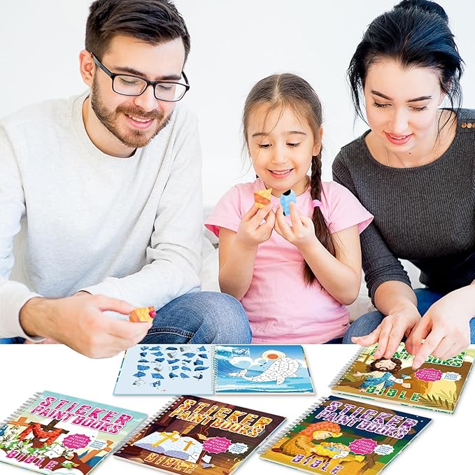 4Pcs Bible Paint by Sticker Books Sticker by Number Books Activity Book Stickers Puzzle Book Christian Craft Art Gift Set Party Favor with Jesus Bible Cross 32 Pictures