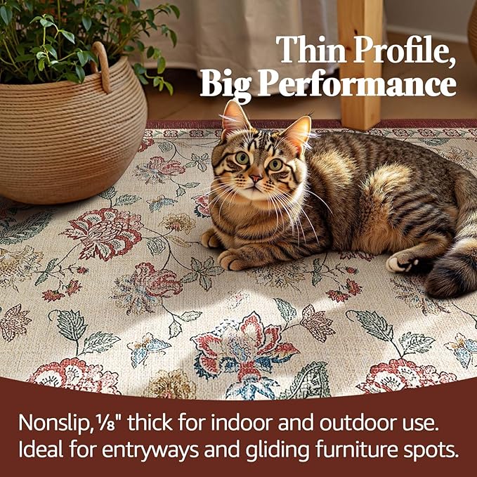 jinchan Floral Corner Rug for Living Room Washable Bedroom Rug Vintage Romance Design Non Slip Quarter Circle Lightweight Low-Pile Throw Carpet for Reading Nook Playroom,6ft Radius, Red/Beige