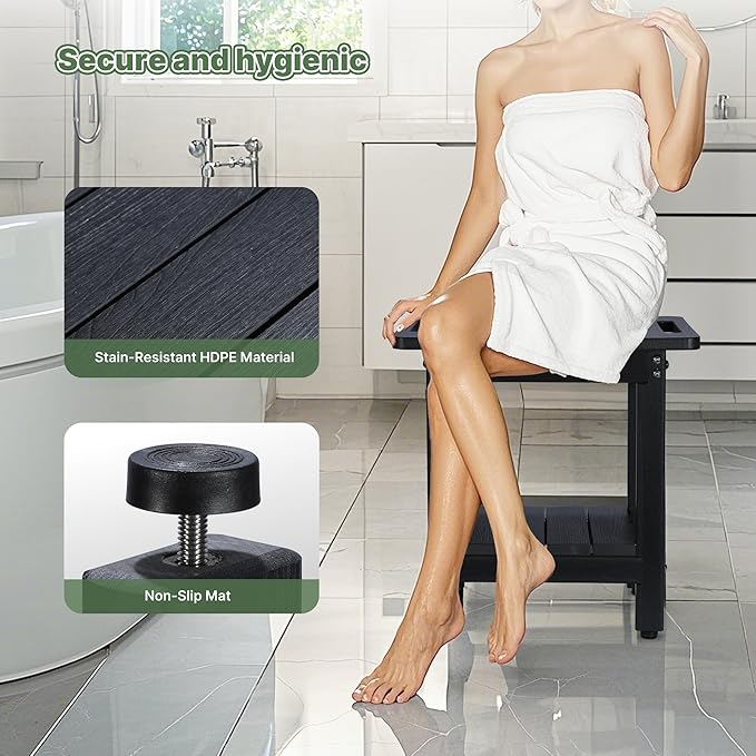 HDPE Shower Bench Seat Capacity 300LB, Waterproof Bathroom Stool with Side Carry Holes, Compact 16.8" L Design, Non-Slip Shower Seat for Elderly, Shaving Legs & Spa - Indoor/Outdoor Use(Black)