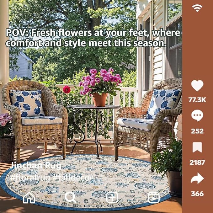 jinchan 7ft Floral Round Rug for Dining Room Washable Living Room Rug Vintage Romance Design Non Slip Indoor Floor Cover Lightweight Low-Profile Throw Carpet for Bedroom Porch Patio, Blue/Beige