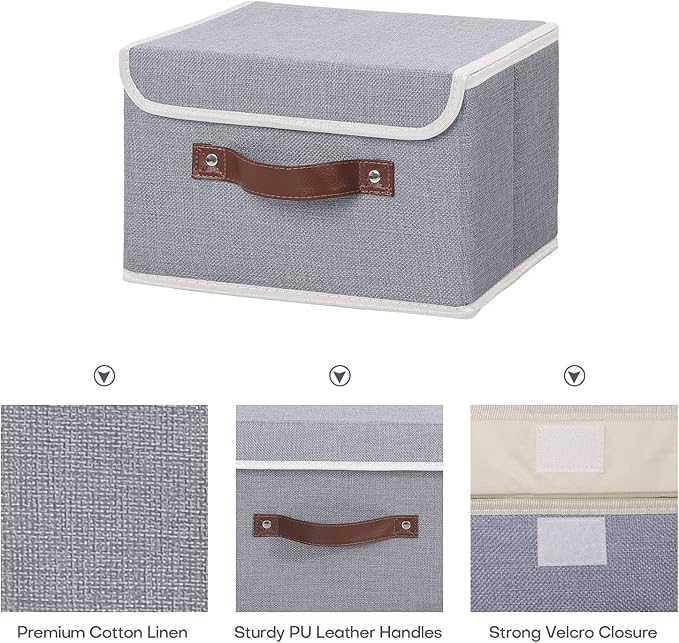 ANMINY 2PCS Storage Bins with Lid PU Leather Handles Storage Boxes PP Plastic Board Decorative Foldable Lidded Cotton Linen Fabric Home Cubes Baskets Closet Organizer Containers - Gray, Small Size