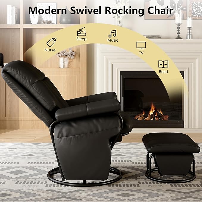 AODAILIHB Swivel Glider Recliner with Ottoman, 360 Rocking Chair with Foot Rest Recliner Chair Indoor Rocking Chair with Side Pockets Nursery Chairs for Living Room, Bedroom, Office (Black)
