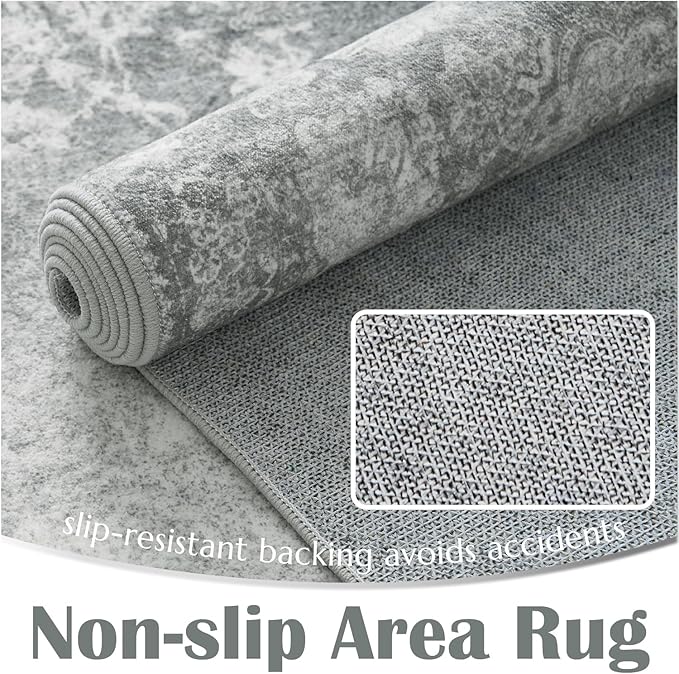 jinchan Vintage Floral 5x7 Area Rugs - Machine Washable Distressed Design Soft Ultra-Thin Low-Pile Non-Slip Carpet for Kitchen Bedroom Nursery Living Room Dining Room Home Office (5x7ft,Grey)