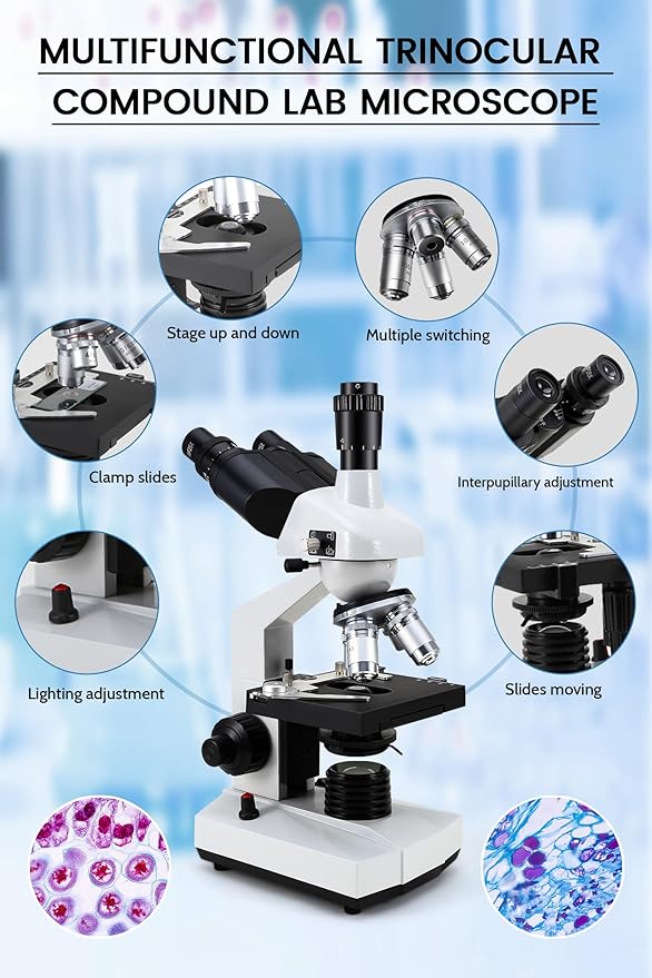40X-5000X Compound trinocular Microscopes trinocular for Adults, with 5.0 mp Camera with Microscope Slides 30p, Microscope Accessories, Microscopes for School Laboratory Home Education Abbe Condenser