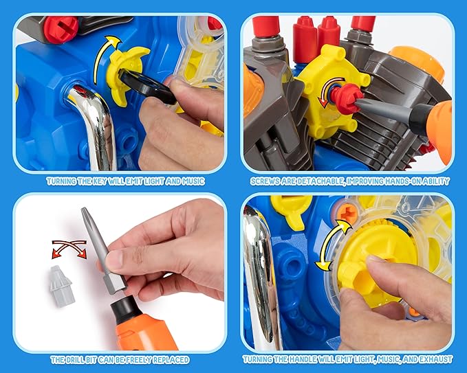 Engine Building Kit, Kids Mechanic Repair Set for Kids Motorcycle Engine，Take Apart Toys-42pc Playset，STEM Engine Model Kit Toy with Cool Lights&Sounds，Educational Toys for 3+ Year Old (Blue)