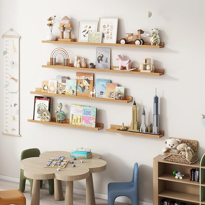 Fun Memories Picture Ledge Shelf, 36 Inch Floating Shelves for Wall, Nursery Bookshelf for Storage, Rustic Elm Wood Photo Ledge Shelves for Bedroom, Living Room, Kitchen (Natural, 36in Set of 2)