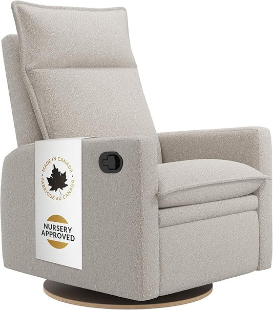 Arya Modern Nursery Glider Recliner Chair – Cozy Nursing Chair with 360° Swivel for New Parents, Gentle Motion, Compact Design, High Back & Low Armrests, Canadian Made (Vanilla/Beyond Sheep Fabric)