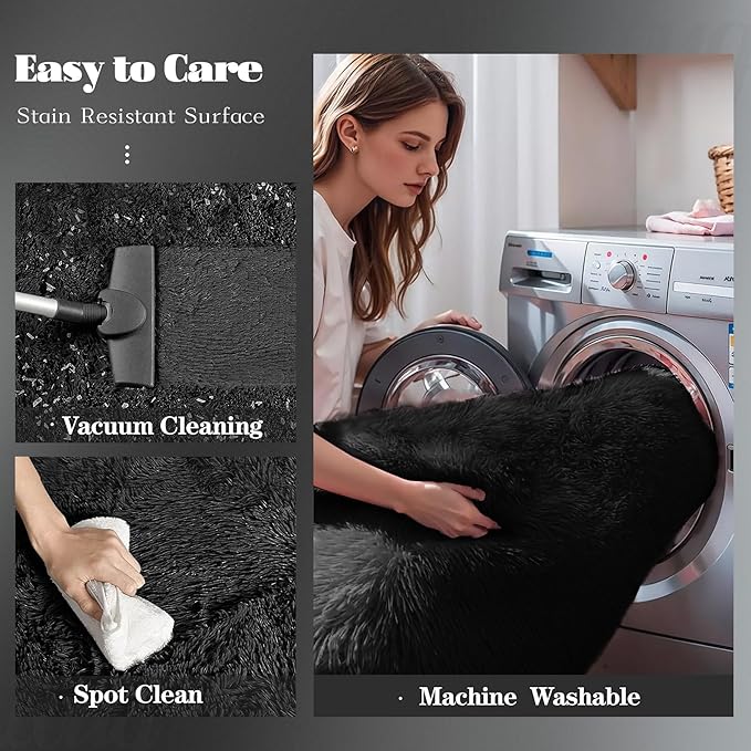 5x7 Area Rug for Living Room: Fluffy Shag Soft Washable Rugs Fuzzy Plush Indoor Carpet for Bedroom Nursery Playroom Dorm Kids Girls Boys Room (Black, 5'x7')