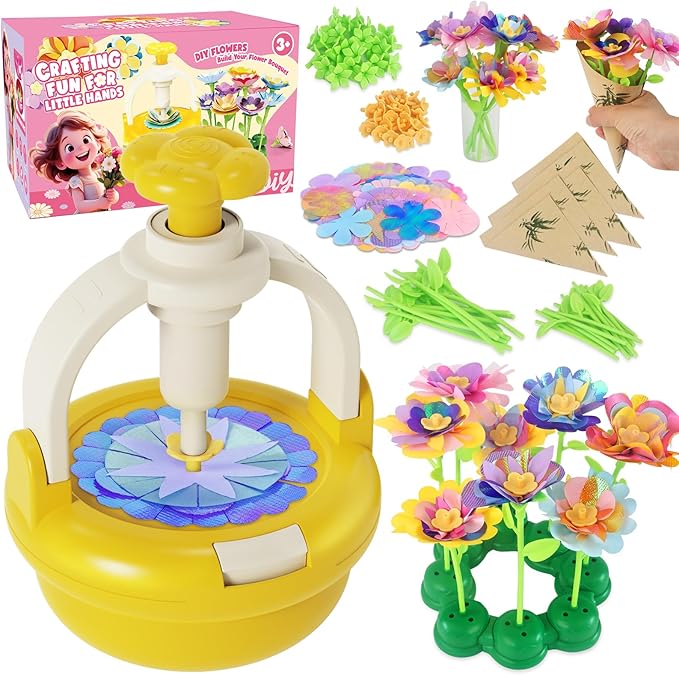 Fabric Flower Bouquets Toys, DIY Flower Making Kit for Kids 4 5 6 7 8 9 10 11 12 Year Old Girl Birthday Christmas Gift, Art and Crafts Kit Flowers Toys for Girls 4-6 6-8 8-12 Year Old (YELLOW)