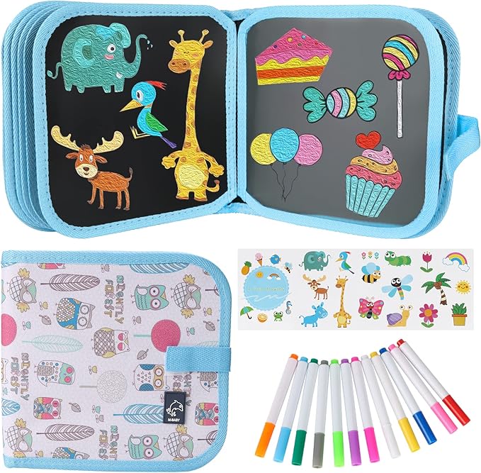 Erasable Kids' Doodle Set, Magic Drawing Book, Reusable 12 Watercolor Pens, 14 Page Car Game Set (Owl Blue)
