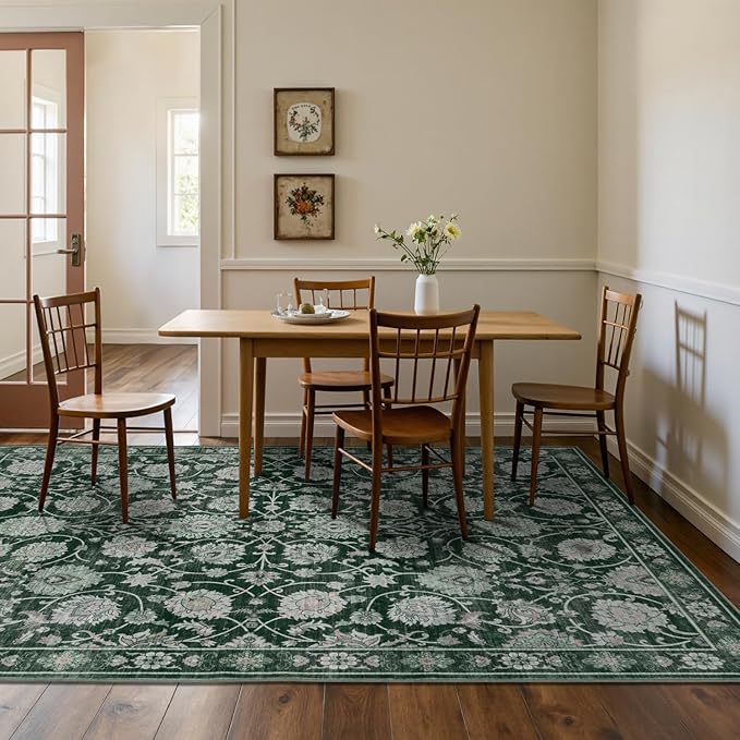 Floral Washable Area Rugs 5x7, Vintage Rug for Living Room, Large Bedroom Carpet, Non Slip Low Pile Ultra Soft Carpets for Indoor Dining Home Nursery Playroom Under Table, Dark Green