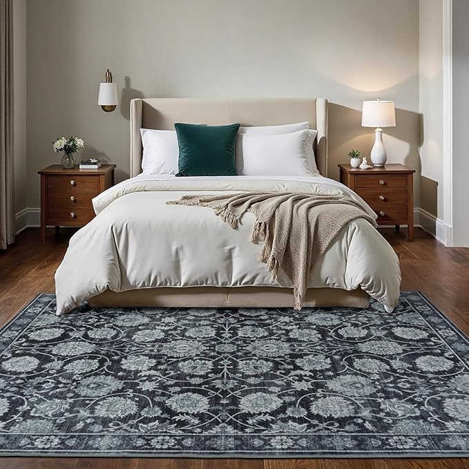 Area Rug 5x7 for Living Room & Bedroom, Large Washable Rugs, Soft & Non Slip, Vintage Carpet, Low Pile Wool Carpets for Indoor Under Table Dining Home Office Nursery Playroom, Black