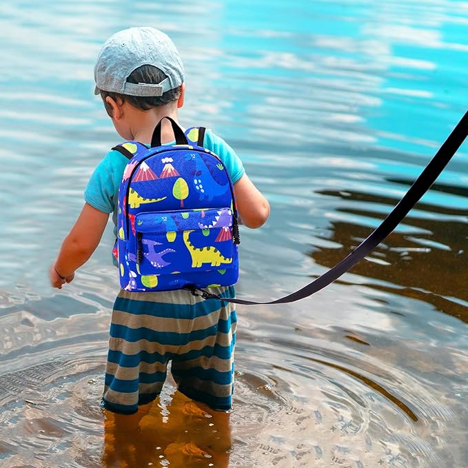 Accmor Toddler Backpack Leash with Anti Lost Wrist Link, Cute Mini Child Walking Harnesses Keep Kids Close Back Pack Rope Tether Rein for Baby Boys (Blue/Dino)