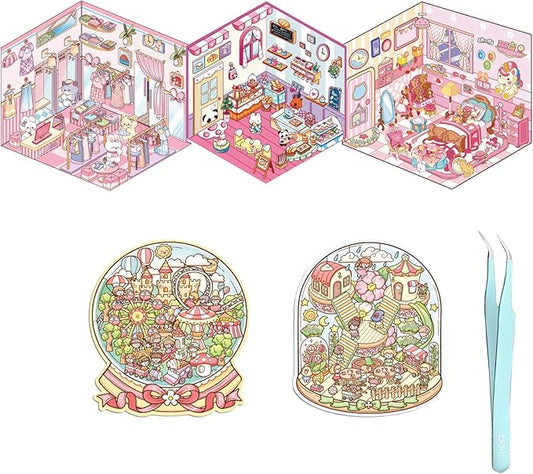 5 Set 3D Sticker Scene,Fun Room Sticker Book,Fun Stacking Miniature Scene Stickers,Make Your Own Stickers, 5 Set Cute Cartoon Sticker Therapy for Adults Kids