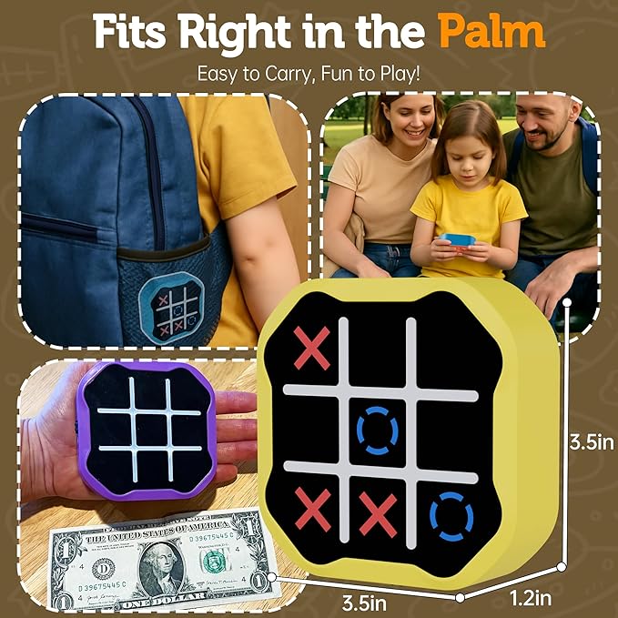 3 in 1 Electronic Tic Tac Toe Game, Handheld Digital Tic Tac Toe Bolt Game with Silent Mode, Portable Learing Toy Gift for Kids & Adults, Yellow