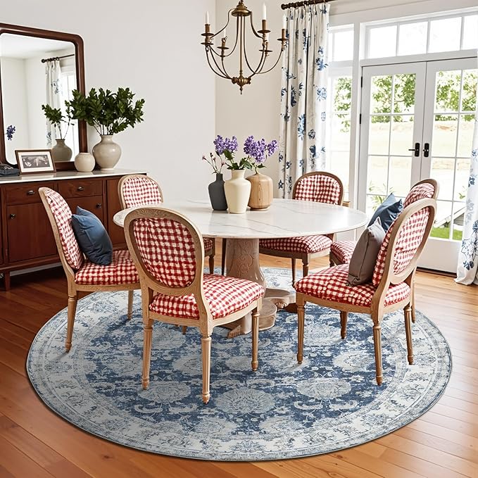 jinchan Round Rug 7ft Area Rug - Dark Blue Vintage Floor Mat Kitchen Indoor Ultra-Thin Soft Floral Print - Washable Circle 7' Retro Accent for Farmhouse Non Slip Dining Room Living Room Bedroom Office