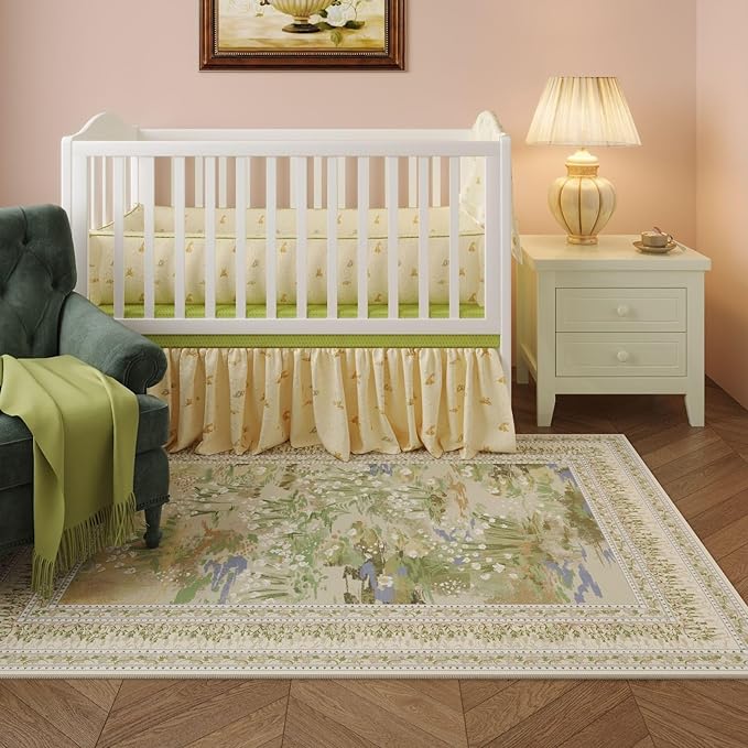 5x7 Area Rugs Impressionist-Style Vintage Washable Area Rug Non Slip Low Pile Large Rugs for Living Room Bedroom Farmhouse Dining Room Kids Playroom, Beige