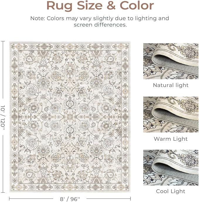 Floral 8x10 Area Rugs for Living Room, Washable Large Bedroom Rug, Soft Non Slip Carpet, Stain Resistant Low Pile Carpets for Indoor Under Table Dining Home Office Nursery, Beige