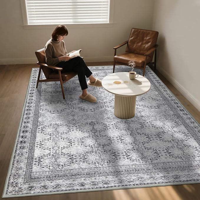 4x6 Area Rug for Bedroom Machine Washable, Non Slip Vintage Floral Kitchen Rugs for Dining Room,Rustic Indoor Floor Carpet for Kids Room, Playroom, Office Classroom Faded Grey