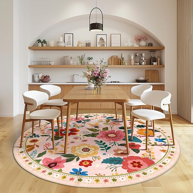 Floral 6ft Area Rug Machine Washable Soft Print Boho Carpet Non Slip Doormat Low Pile Flower Area Rugs for Living Room Bedroom Nursery Kitchen Dining Room Indoor-Pink