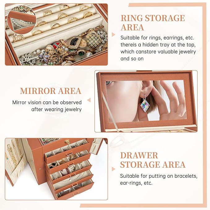 AKOZLIN Huge Jewelry Box Organizer Functional Large Leather Jewelry Storage Case for Women Girls Ring Necklace Earring Bracelet Holder Organizer with Mirror