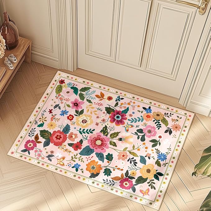 Floral 2x3 Area Rug Machine Washable Soft Print Boho Carpet Non Slip Doormat Low Pile Flower Area Rugs for Living Room Bedroom Nursery Kitchen Dining Room Indoor-Pink