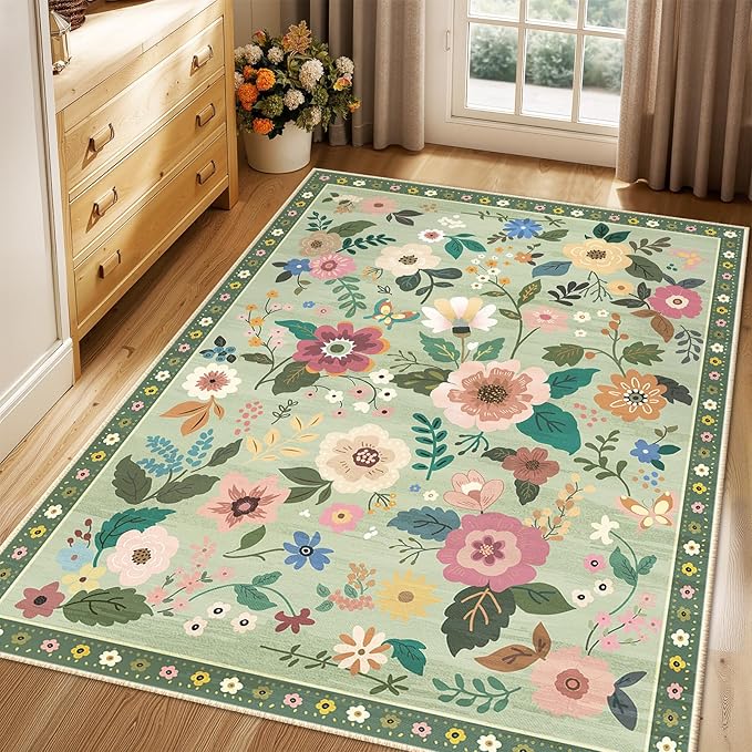 Floral 3x5 Area Rug Machine Washable Soft Print Boho Carpet Non Slip Doormat Low Pile Flower Area Rugs for Living Room Bedroom Nursery Kitchen Dining Room Indoor-Light Green