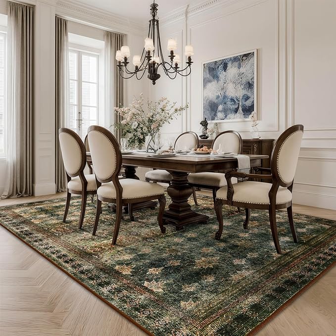 5x7 Washable Area Rug for Living Room Rustic, Non Slip Vintage Floral Bedroom Rugs Retro, Traditional Indoor Floor Carpet for Dining Room, Farmhouse, Office Classroom(Dark Green/Brown/Multi)