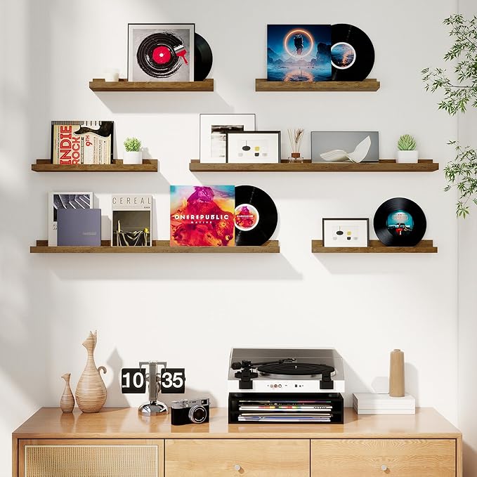 Axeman Picture Ledge Shelf, Floating Shelves for Wall Storage Set of 6, 16 inch Floating Wall Mounted Shelves, Wall Shelves with Lip for Living Room, Bedroom, Nursery, Bathroom, Kitchen, Rustic Brown