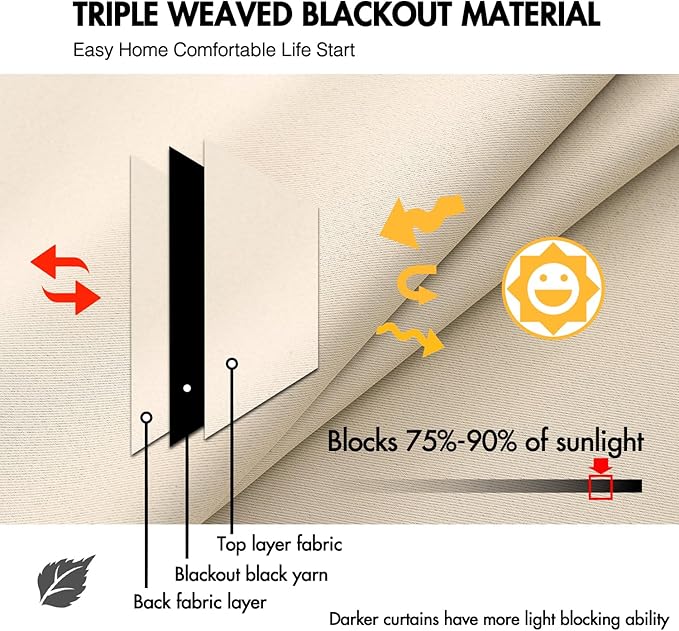 ANRODUO Back Tab Blackout Curtains for Bedroom Living Room, Rod Pocket Pinch Pleated Thermal Insulated Room Darkening Curtains 84 Inches Long 2 Panels, Cream Beige, 42 x 84 Inch