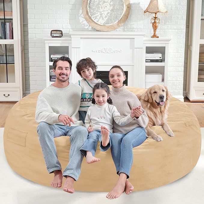 7FT Bean Bag Chair, Large Bean Bag Chairs with Memory Foam Filled, Fluffy Beanbag Sofa with Dutch Velvet Cover, Round BeanBag Chairs for Living Room, Playroom - Khaki