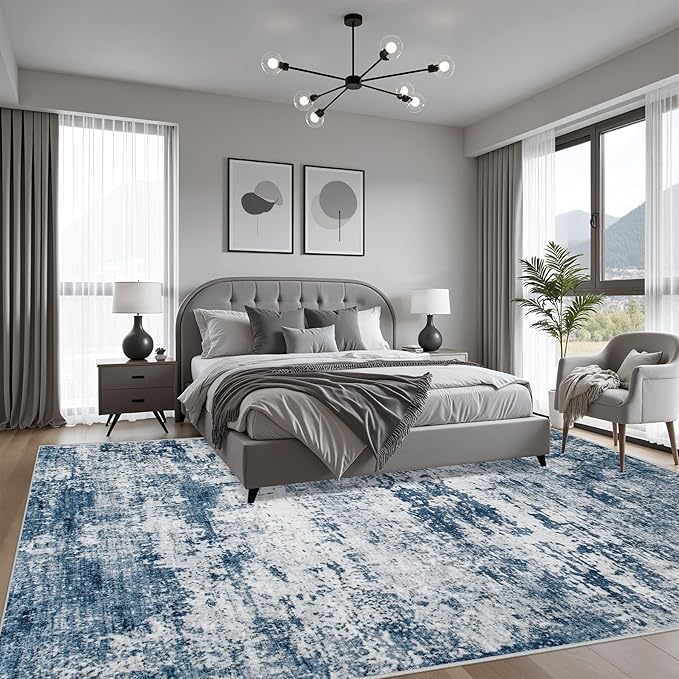6x9 Area Rug Living Room Rug: Washable Modern Abstract Soft Thin Rug Indoor Floor No Slip Stain Resistant Carpet for Bedroom Dining Room Farmhouse Nursery Home Office - Blue