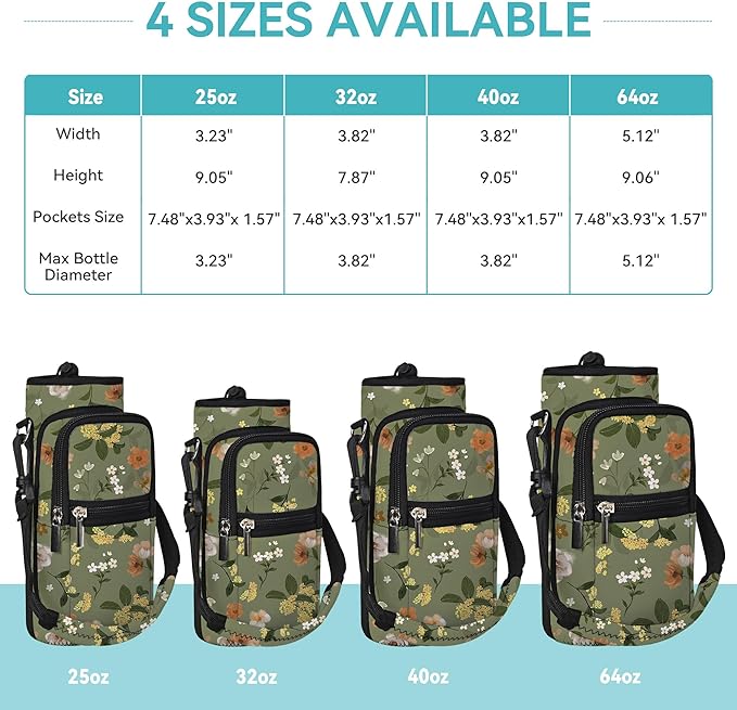 25/32/40/64oz Water Bottle Bag Holder Carrier-Insulated Crossbody Sling Case Sleeve with Strap & Pockets for Men Women Gym Cycling Travel Walking Hiking Camping