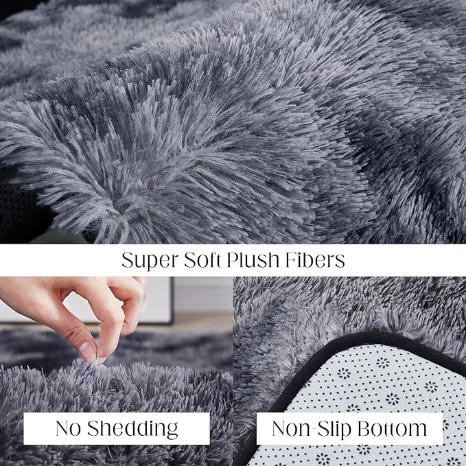 6x9 Area Rugs for Living Room, Fluffy Shaggy Bedroom Rug Indoor Carpet, Anti-Skid Soft High Pile Rug for Nursery, Kids Room, Bedside, Home Decoration, Tie-Dyed Dark Grey