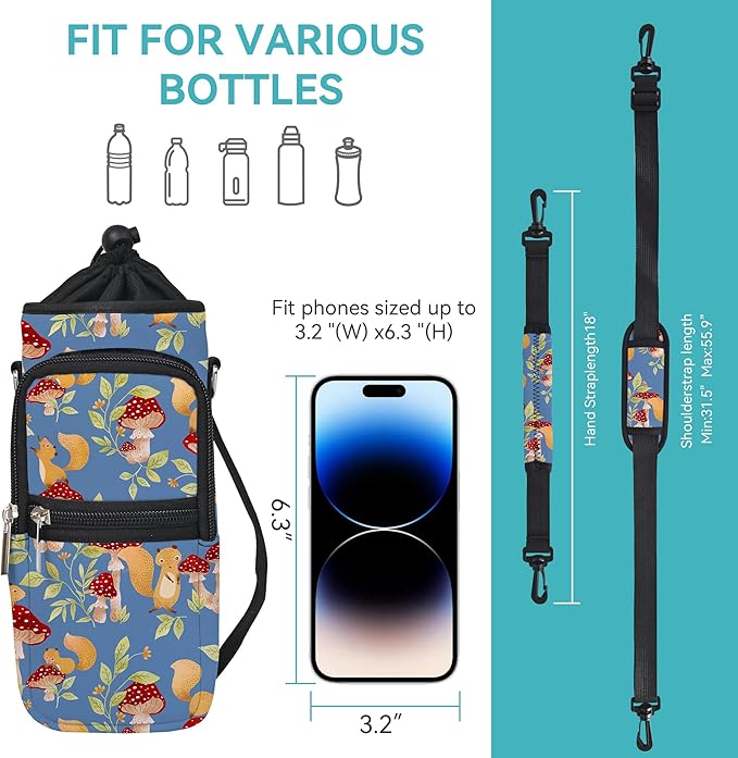 25/32/40/64oz Water Bottle Bag Holder Carrier-Insulated Crossbody Sling Case Sleeve with Strap & Pockets for Men Women Gym Cycling Travel Walking Hiking Camping