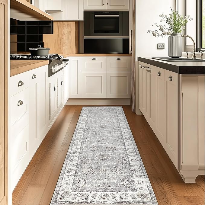 jinchan Runner Rug 2x5 Machine Washable Hallway Rug Grey Vintage Floral Print Non-Slip Low Pile Ultra-Thin for Kitchen,Entryway,Laundry Room,Bedroom,Farmhouse (2‘x5’,Grey)
