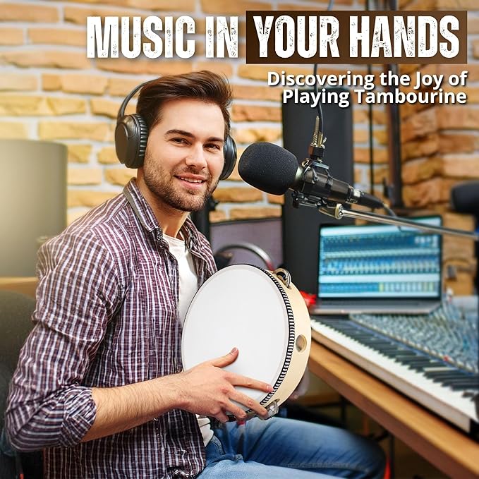 Flexzion Wood Handheld Tambourine 8" Inch Single Row 5 Pair Jingles (2 Pack, Wood) - Hand Held Percussion Drum Moon Musical Tambourine with Ergonomic Handle Grip