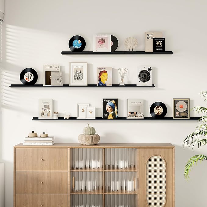 Floating Picture Ledge Shelves for Wall Set of 2, 84 Inches Picture Ledge Shelf with Long Large Nursery Book Shelf for Toys Storage Kids Bookshelf Wall Mounted Living Room Bedroom Decor Frames, Black