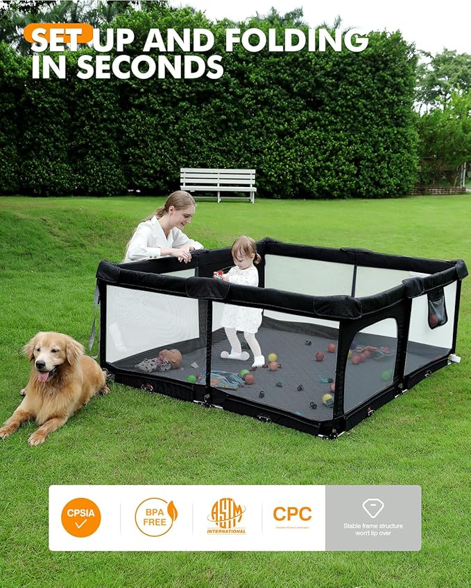 Foldable Baby Playpen with Non-Removable Thick Mat, Extra Large Collapsible Play Yard for Babies & Toddlers, Portable Travel Playpen with Gate, Safe Activity Center (59"×71" Black)