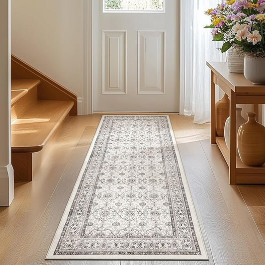 jinchan Floral Runner Rug 2x5 - Machine Washable Beige Vintage Distressed Design Soft Non-Slip Low-Pile Ultra-Thin Runner Rug for Kitchen Hallway Laundry Room Entryway Farmhouse (2‘x5',Beige)