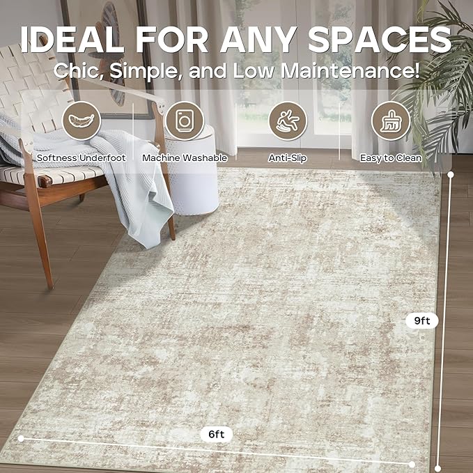 6x9 Area Rugs for Living Room Rug Washable: Modern Rug for Dining Room Bedroom Carpet Non Slip Low Pile 6 by 9 Indoor Abstract Nursery Home Office Beige